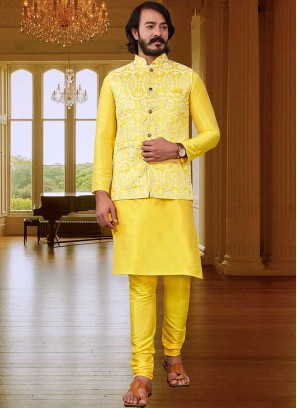 Yellow Color Art Silk Mens Kurta Jacket Set