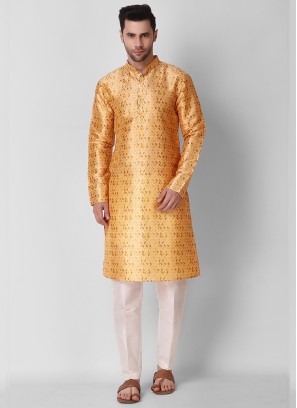 Yellow Color Art Silk Mens Kurta Payjama