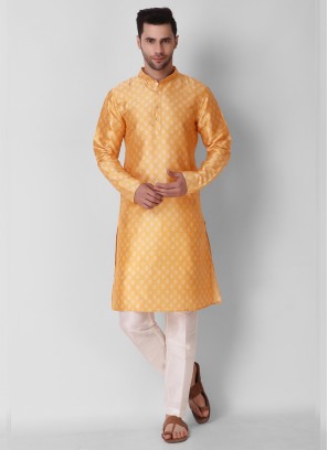 Yellow Color Art Silk Print Mens Kurta Set