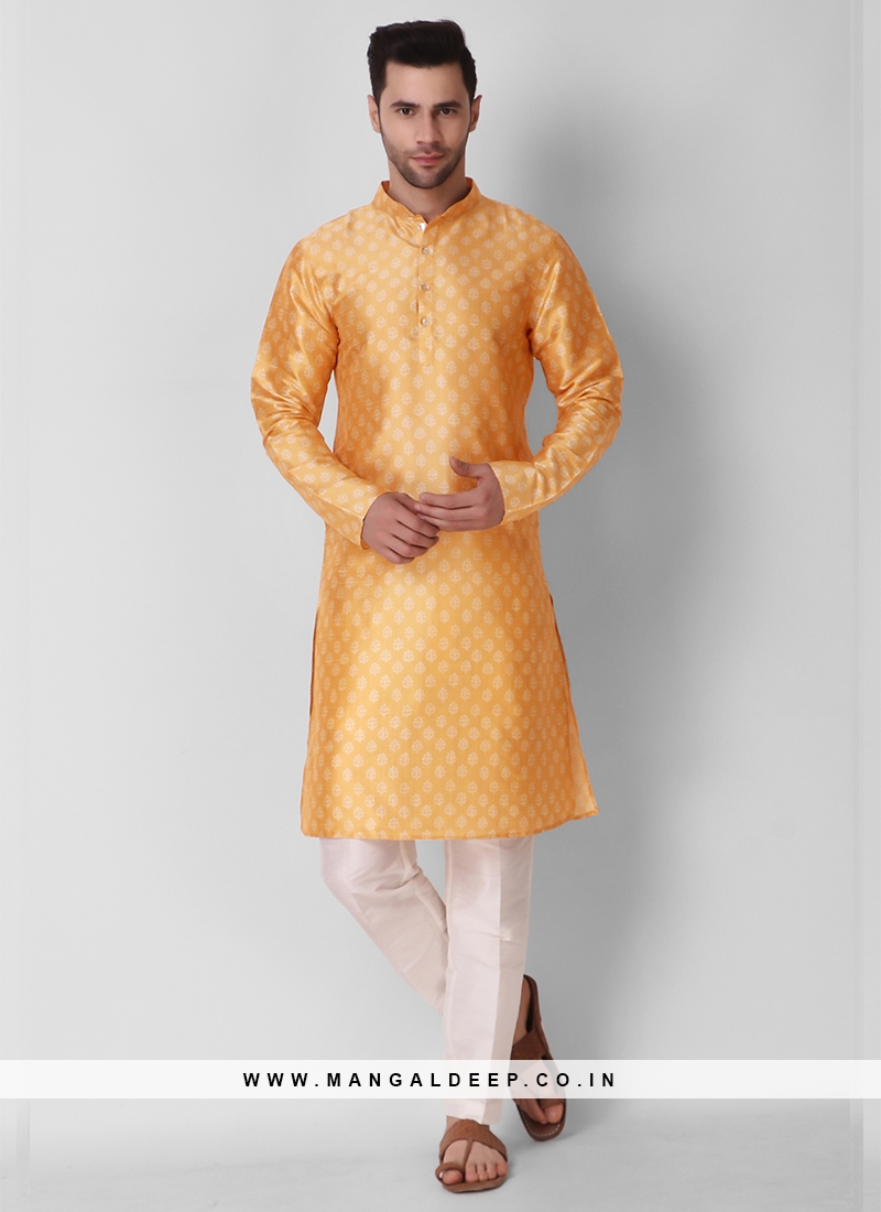 Yellow Color Art Silk Print Mens Kurta Set