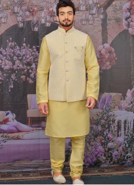 Yellow Color Banarasi Silk Mens Kurta