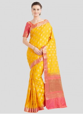 Yellow Color Banarasi Silk Saree For Ladies