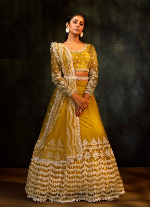 Yellow Color Butter Fly Net Haldi Wear Lehenga