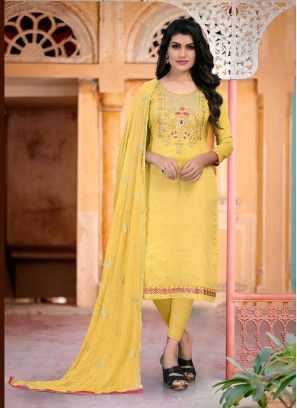 Yellow Color Chanderi Unstitched Dress