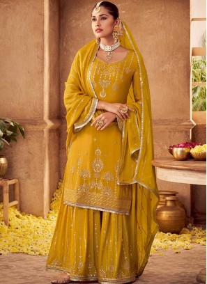 Yellow Color Chiffon Zari Work Sharara Material