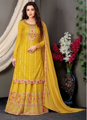 Yellow Color Chinnon Embroidered Palazzo Suit