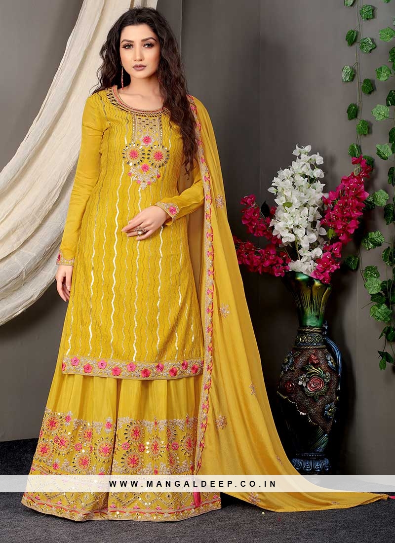 Yellow Color Chinnon Embroidered Palazzo Suit