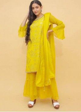 Yellow Color Chinnon Sequins Work Suit