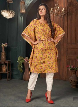 Yellow Color Cotton Casual Wear Kaftan