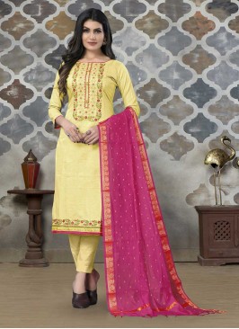 Yellow Color Cotton Embroidered Material