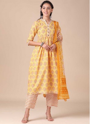 Yellow Color Cotton Printed Readymade Suit