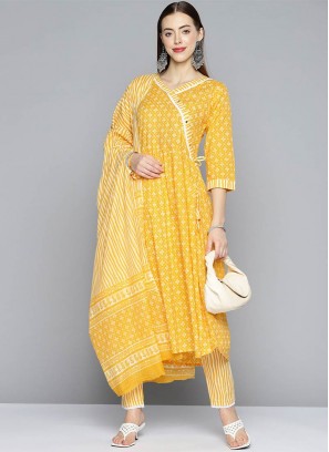 Yellow Color Cotton Printed Readymade Suit