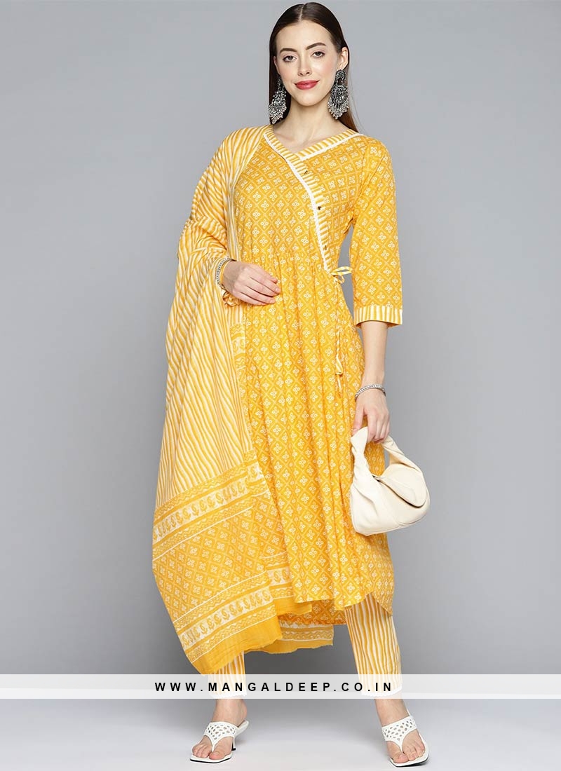 Yellow Color Cotton Printed Readymade Suit