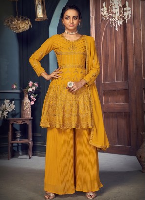 Yellow Color Embroidered Georgette Sharara Suit