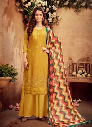 Yellow Color Embroidered Plazzo Dress