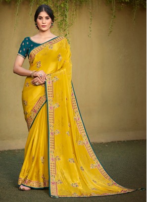 Yellow Color Embroidered Satin Silk Saree