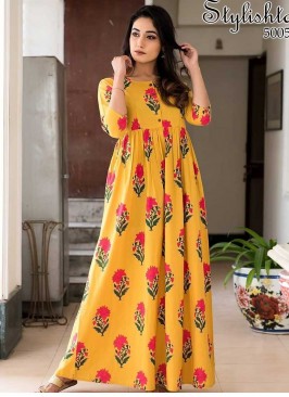 Yellow Color Floral Print Gown