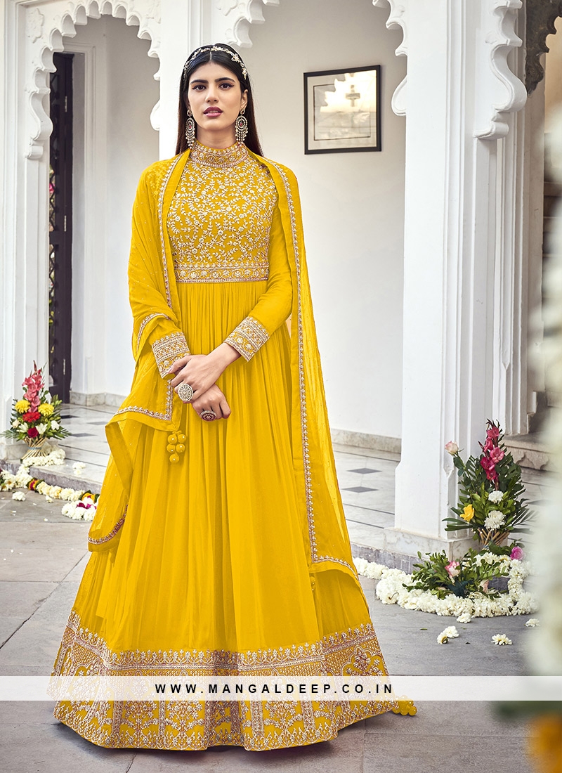 Mustard yellow anarkali suit with contrast dupatta  G3WSS39178   G3fashioncom