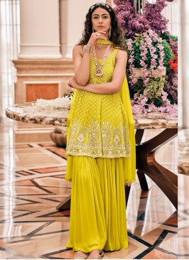 Yellow Color Georgette Embroidered Fancy Sharara Suit