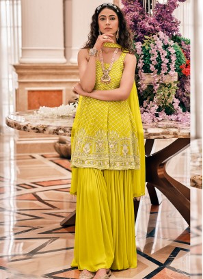 Yellow Color Georgette Embroidered Fancy Sharara Suit