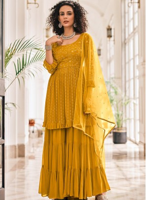 Yellow Color Georgette Embroidered Fancy Sharara Suit