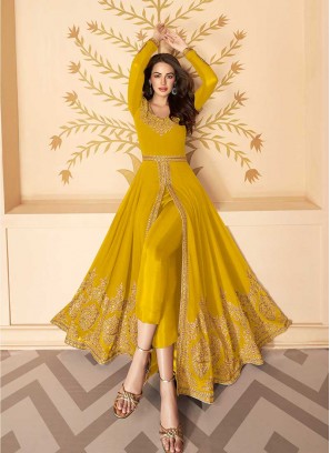 Yellow Color Georgette Embroidered Front Cut Suit