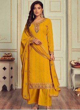 Yellow Color Georgette Embroidered Palazzo Dress