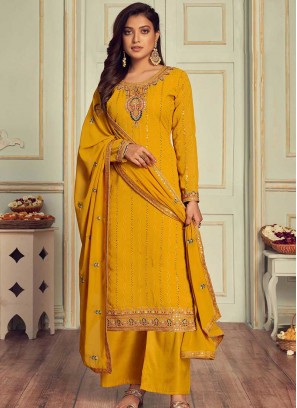 Yellow Color Georgette Embroidered Palazzo Dress