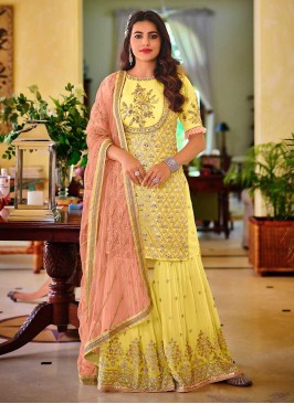 Yellow Color Georgette Embroidered Sharara Suit