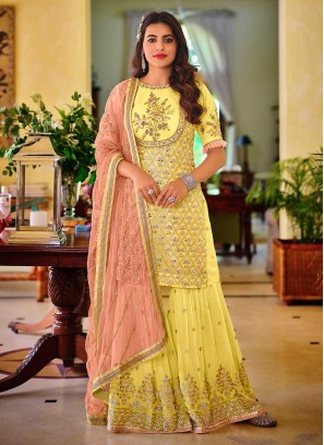 Yellow Color Georgette Embroidered Sharara Suit