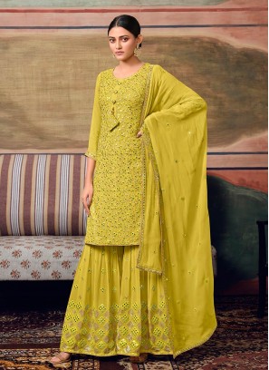 Yellow Color Georgette Embroidered Sharara Suit