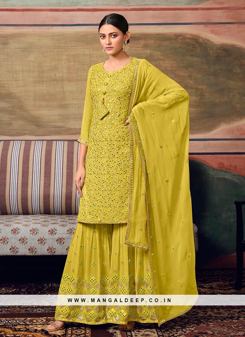 Yellow Color Georgette Embroidered Sharara Suit