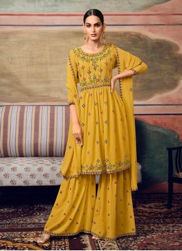 Yellow Color Georgette Embroidered Sharara Suit