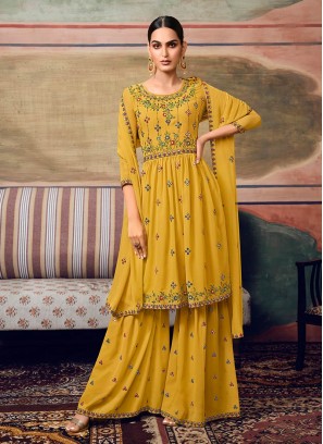 Yellow Color Georgette Embroidered Sharara Suit