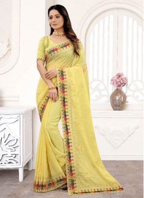 Yellow Color Georgette Embroidered Work Saree