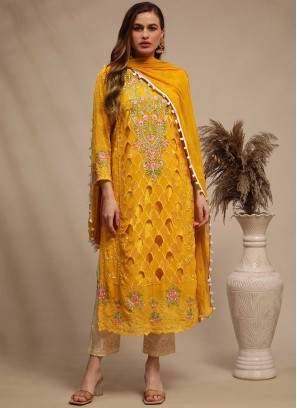 Yellow Color Georgette Fancy Unstitched Suit