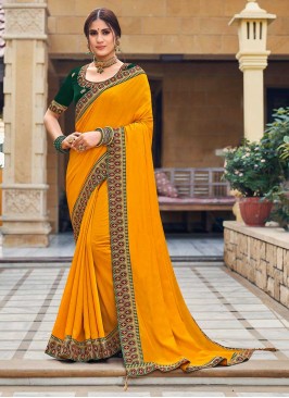 Yellow Color Georgette Lace Border Saree