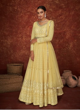 Yellow Color Georgette Lucknowi Work Anarkali Suit