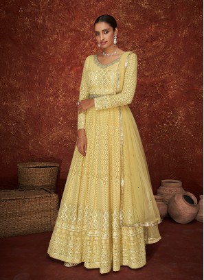 Yellow Color Georgette Lucknowi Work Anarkali Suit