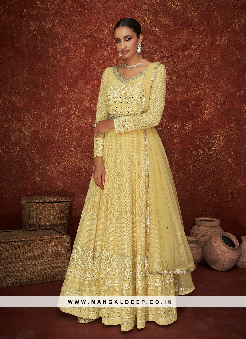 Yellow Color Georgette Lucknowi Work Anarkali Suit