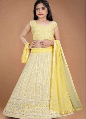 Yellow Color Georgette Lucknowi Work Kids Lehenga