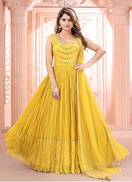 Yellow Color Georgette Mirror Work Long Suit