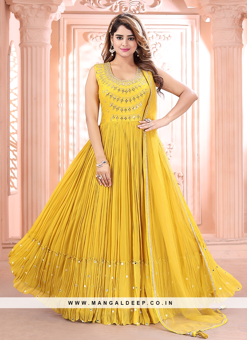 Yellow Color Cotton Resham And Zari Work Casual Party Wear Readymade Gown  -5918165511 | Heenastyle