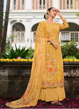 Yellow Color Georgette Printed Palazzo Suit