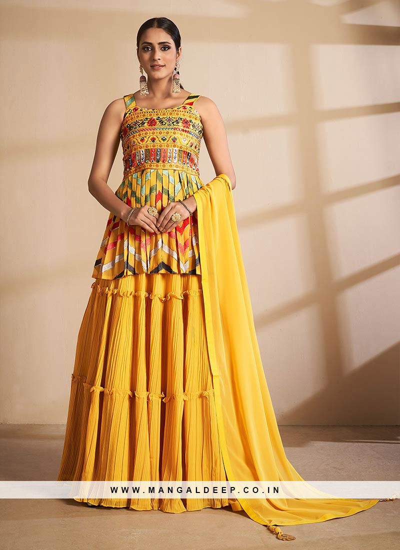 Chinon Silk Fabric Reception Wear Embroidered Readymade Long Anarkali Style Gown  In Yellow Color