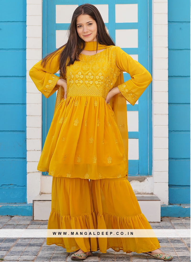 Mustard Yellow Fancy Cut & Heavy Embroidery Work Sharara Suit