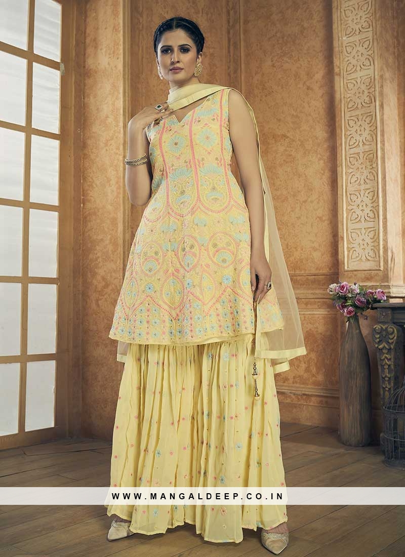 Yellow Color Georgette Resham Work Palazzo Suit