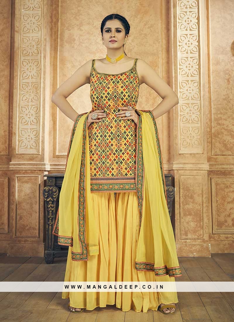 Shop Bright Yellow Embroidered Sharara Suit Online in USA |Pink Dupatta –  Pure Elegance