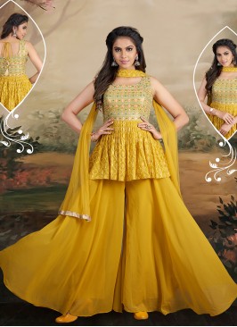 Yellow Color Georgette Sequins Work Palazzo Dress