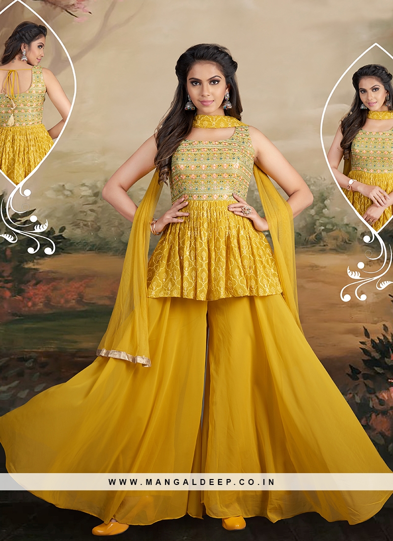 Yellow Color Georgette Sequins Work Palazzo Dress